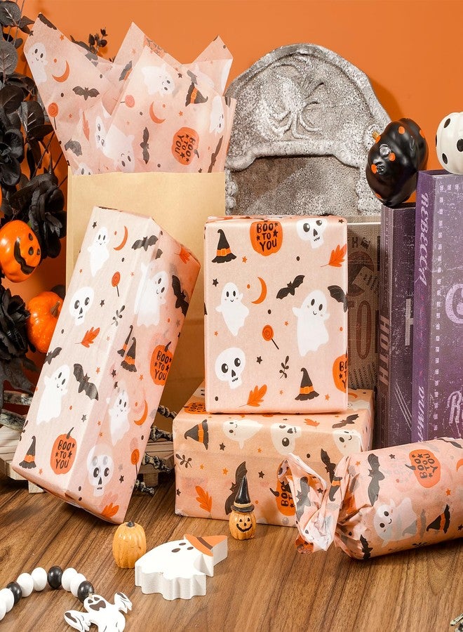 وولاين ورق تغليف هدايا هالوين من والين، 60 ورقة، بتصميمات لطيفة من اليقطين والأشباح والخفافيش، لون برتقالي بوهيمي، مثالي للأعمال الفنية والحرف اليدوية، مناسب للأعياد وأعياد الميلاد وحفلات استقبال المولود، مقاس 13.8 × 19.7 بوصة - Image 4